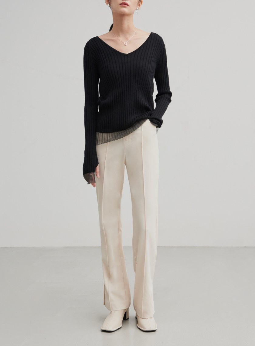 修身微喇叭開衩直筒褲