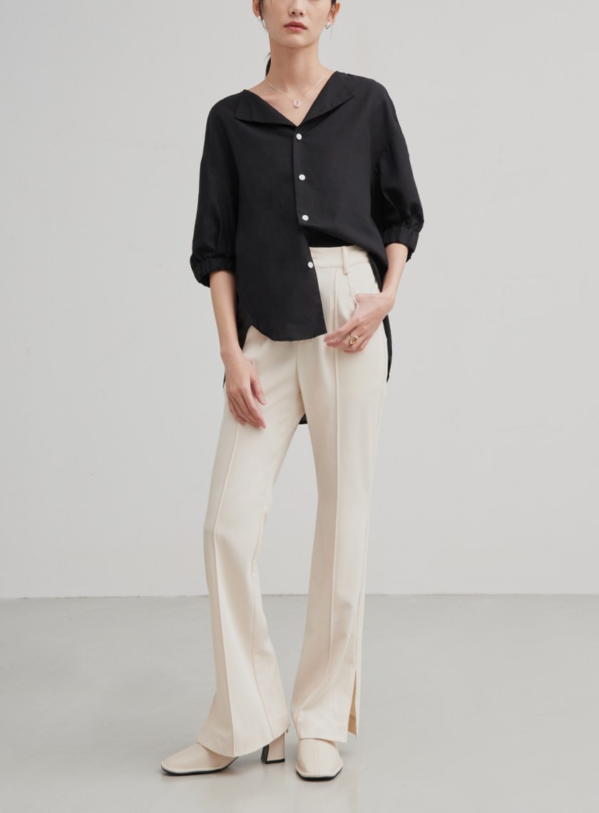 修身微喇叭開衩直筒褲