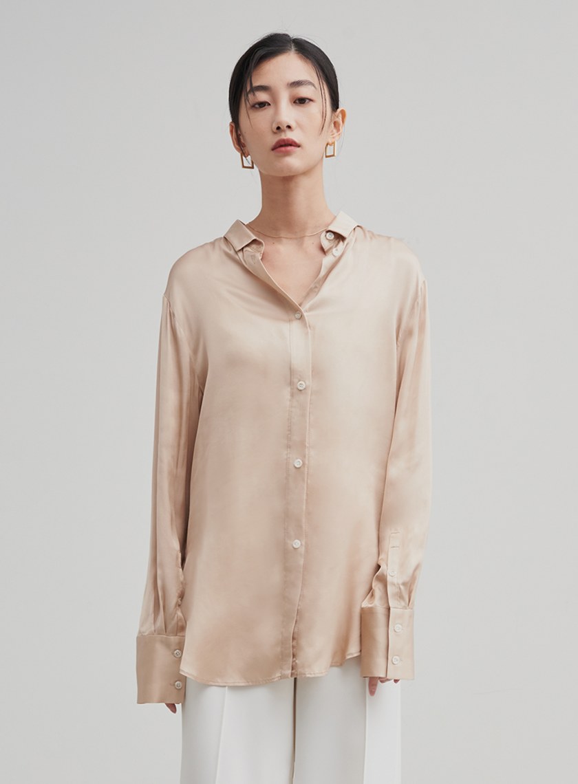 光澤感兩穿口袋長袖襯衫