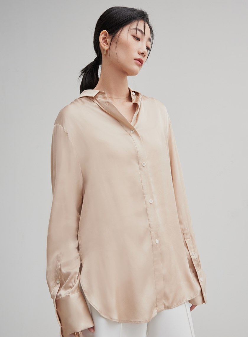 光澤感兩穿口袋長袖襯衫