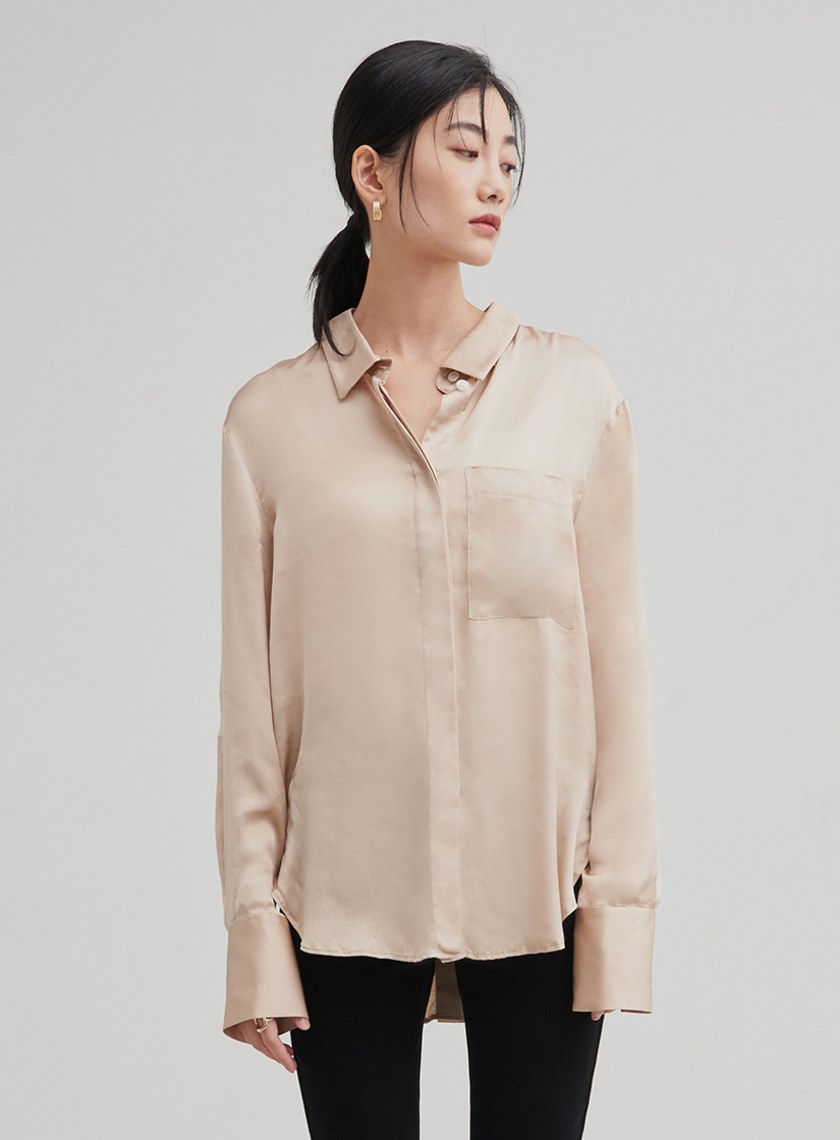 光澤感兩穿口袋長袖襯衫
