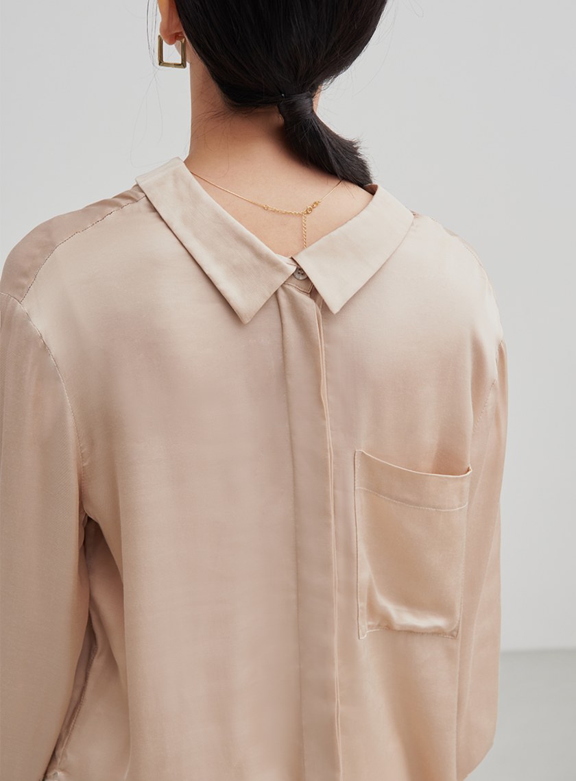 光澤感兩穿口袋長袖襯衫