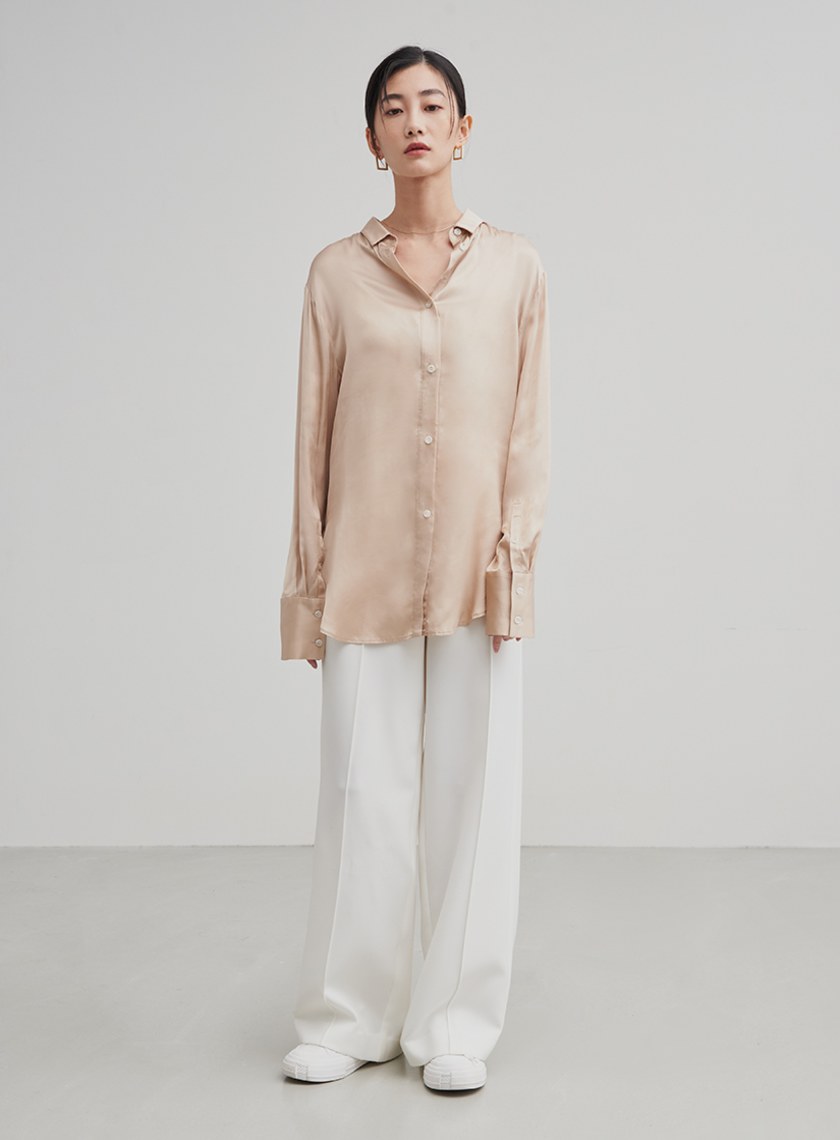 光澤感兩穿口袋長袖襯衫