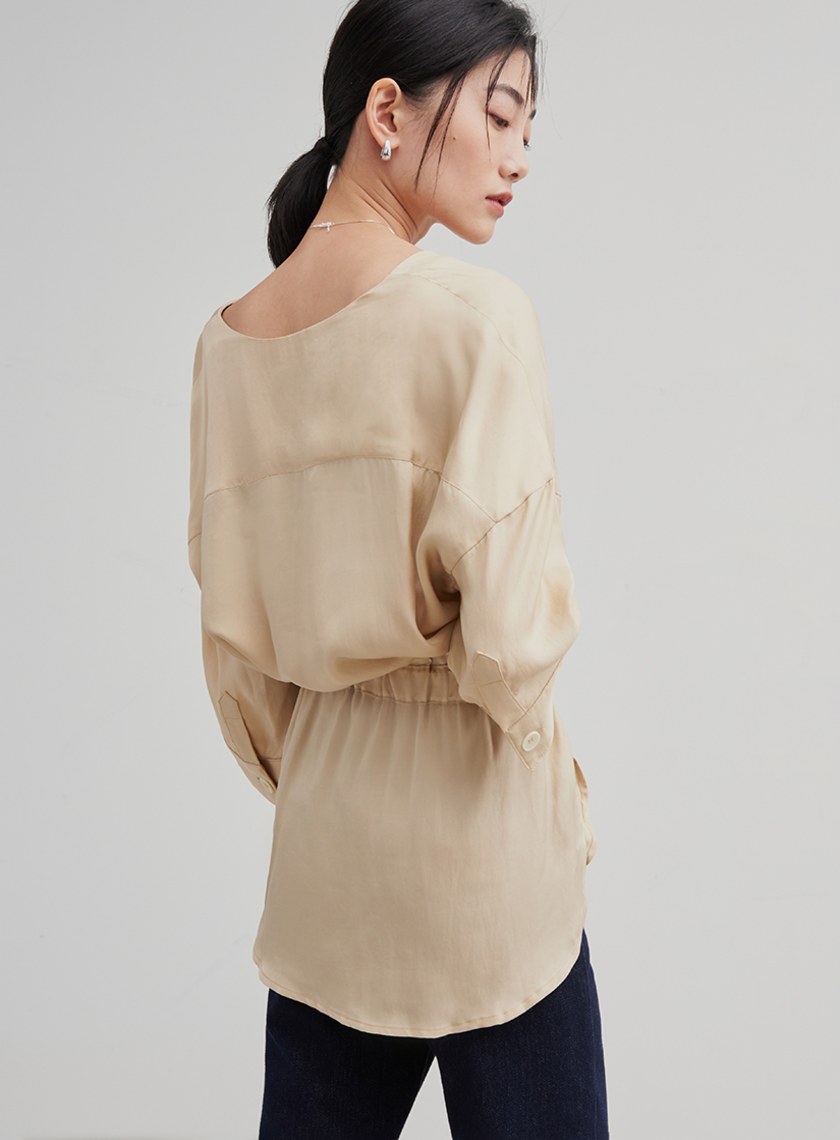 休閒V領寬袖綁帶上衣
