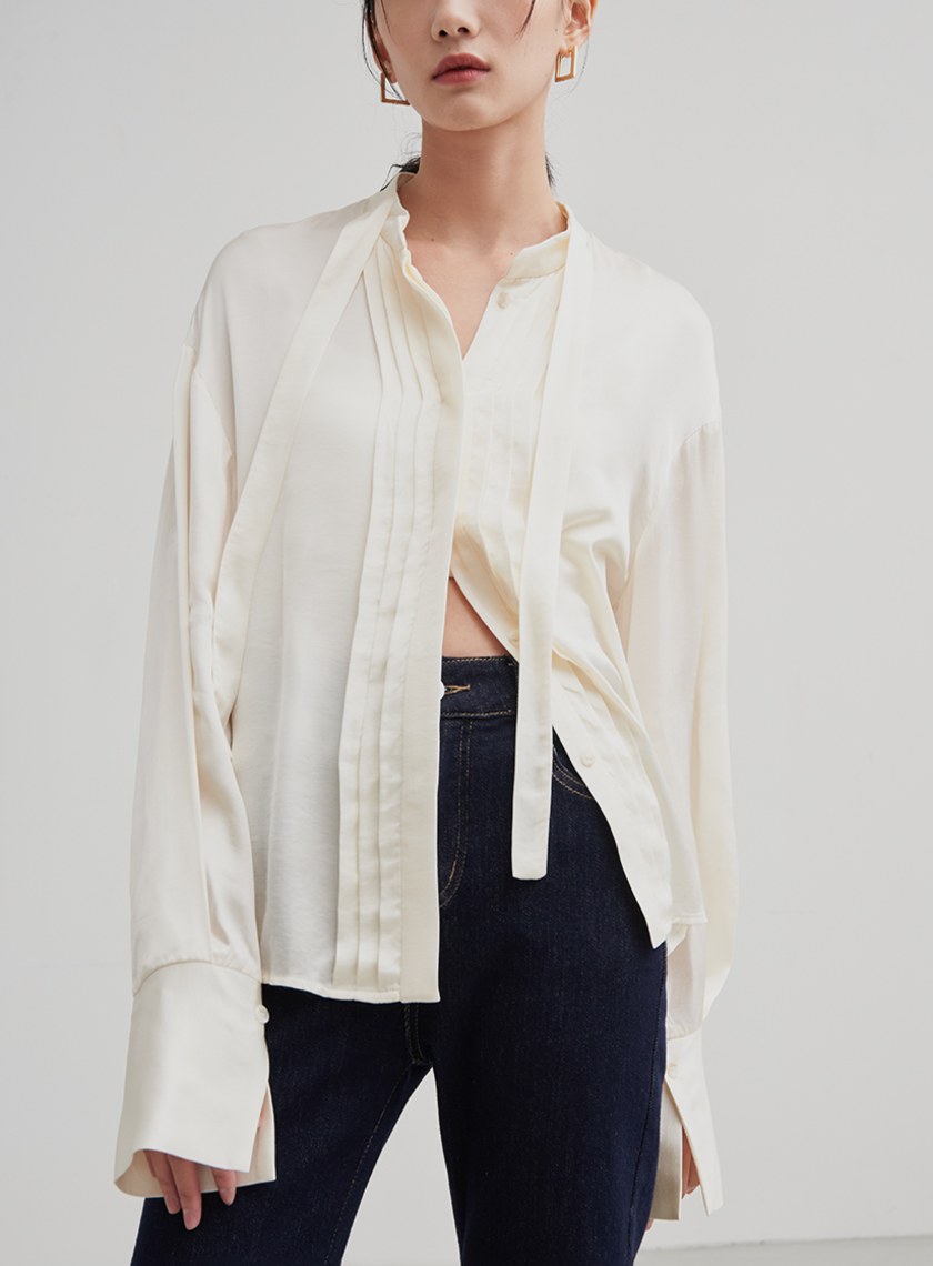 光澤感飄帶打摺襯衫