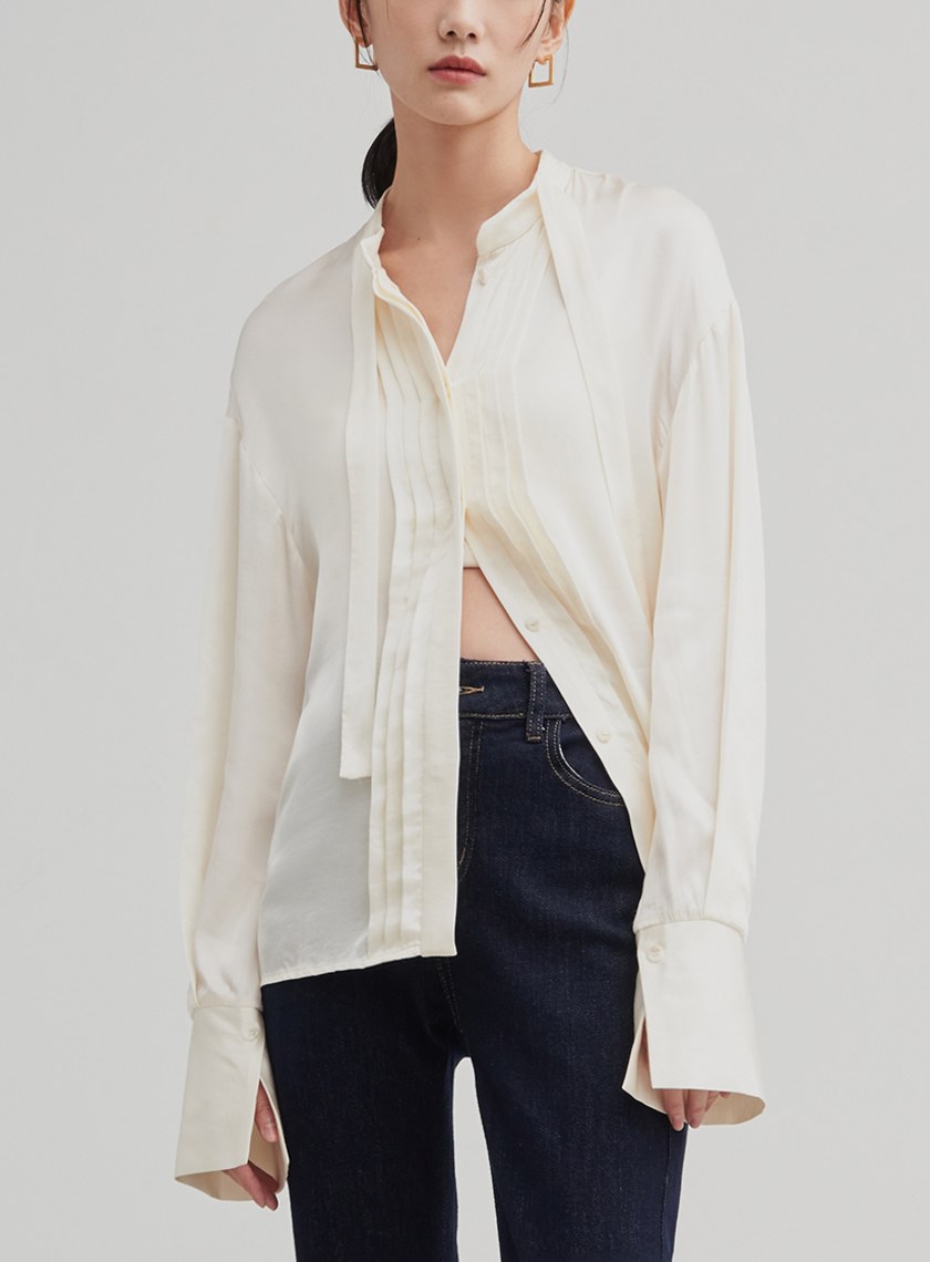 光澤感飄帶打摺襯衫
