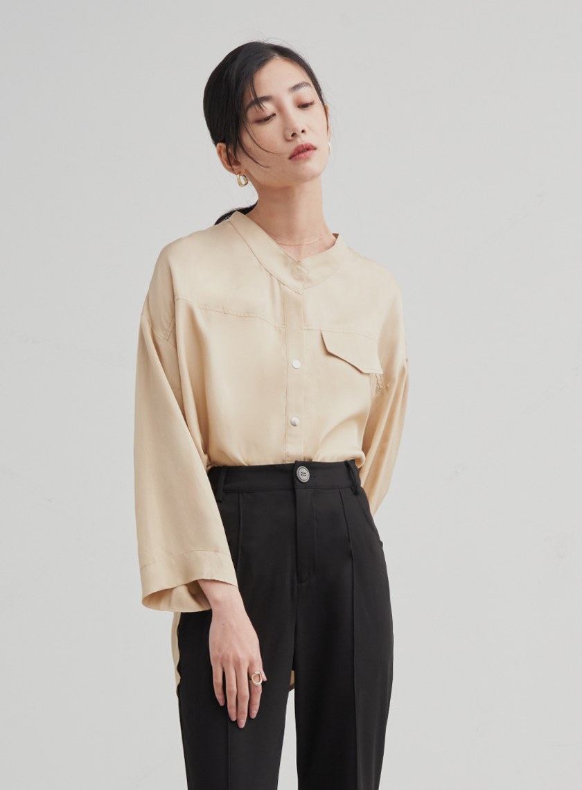 親膚休閒無領七分袖襯衫