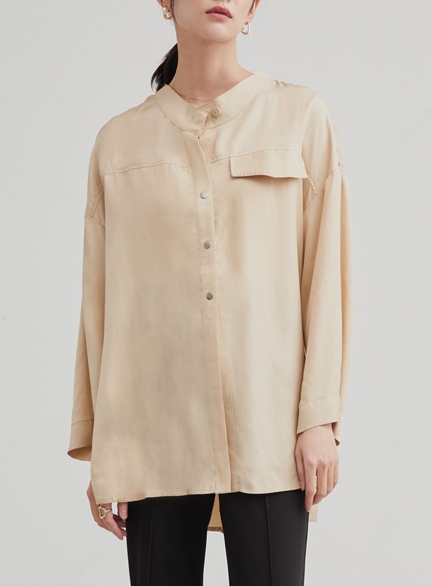 親膚休閒無領七分袖襯衫