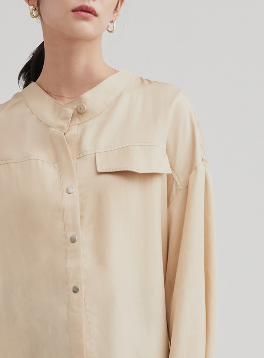 親膚休閒無領七分袖襯衫