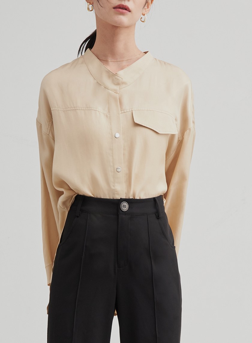 親膚休閒無領七分袖襯衫