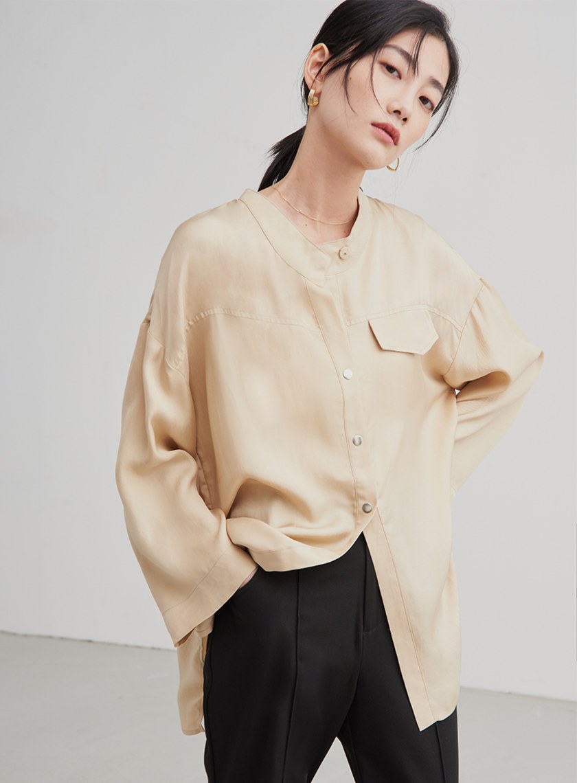 親膚休閒無領七分袖襯衫