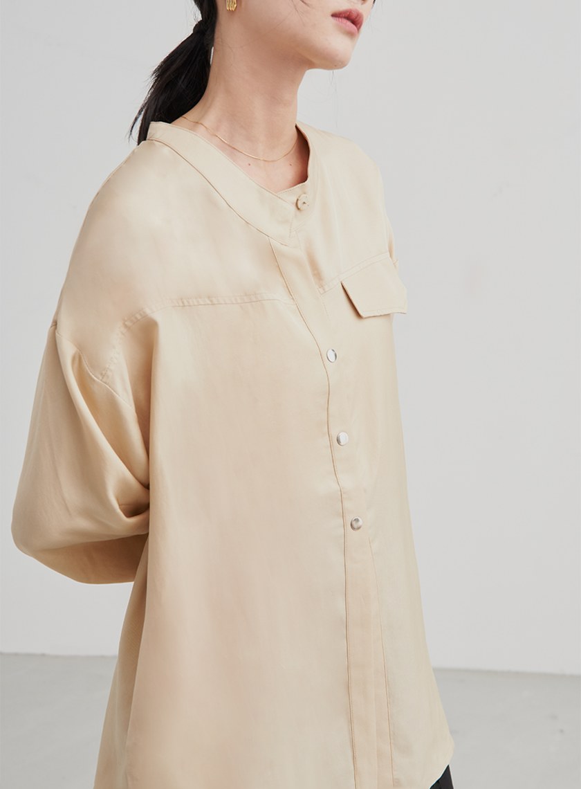 親膚休閒無領七分袖襯衫