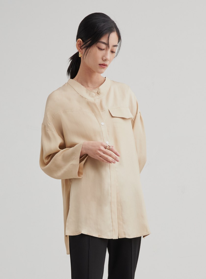 親膚休閒無領七分袖襯衫