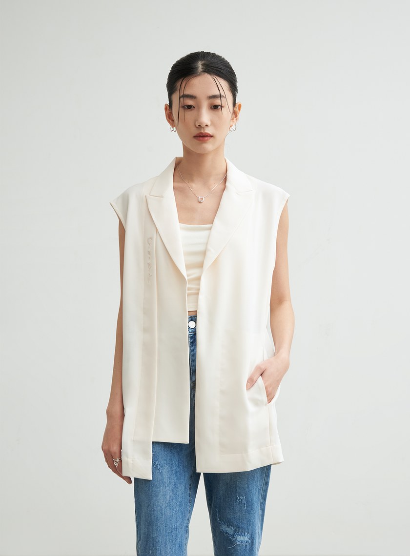 不對稱雙層繡花背心外套