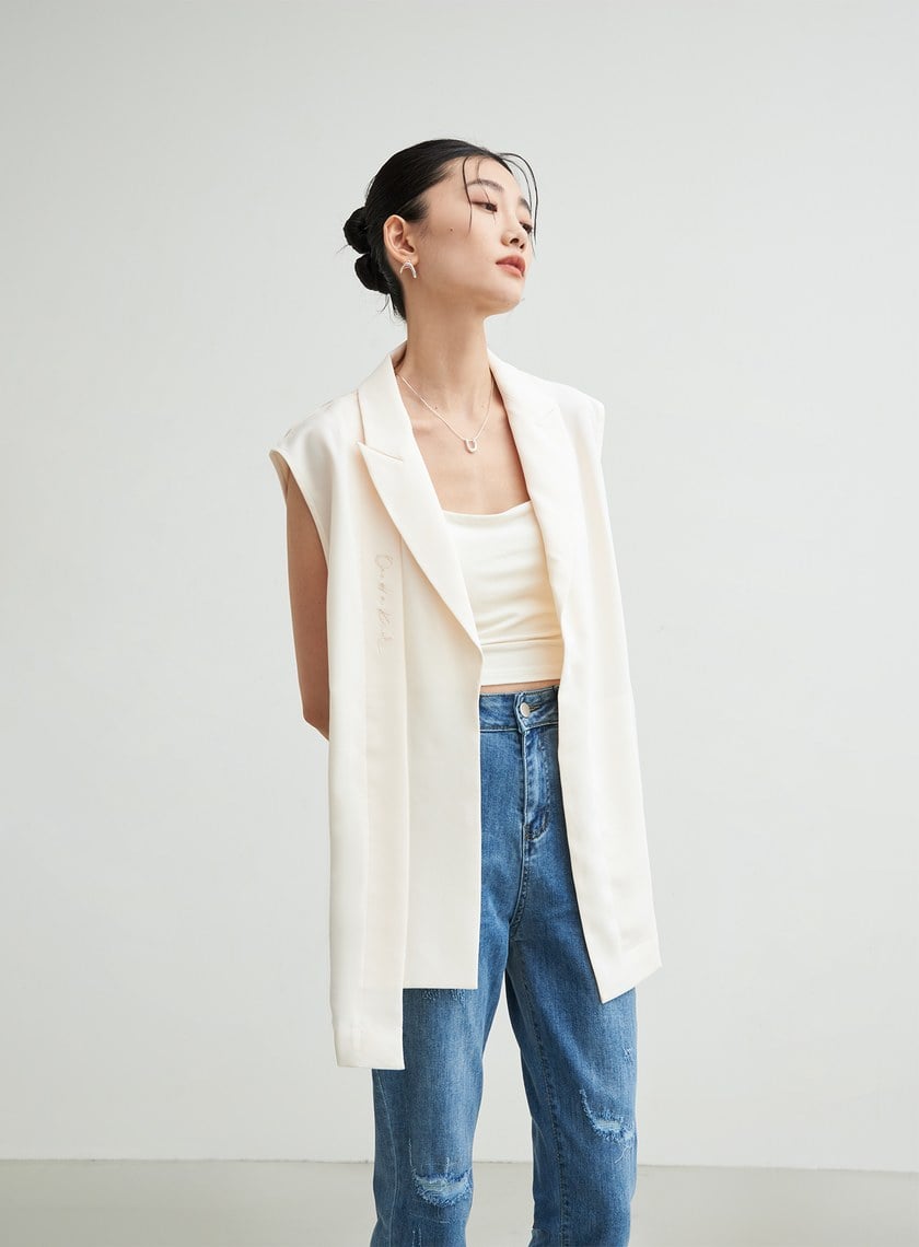 不對稱雙層繡花背心外套