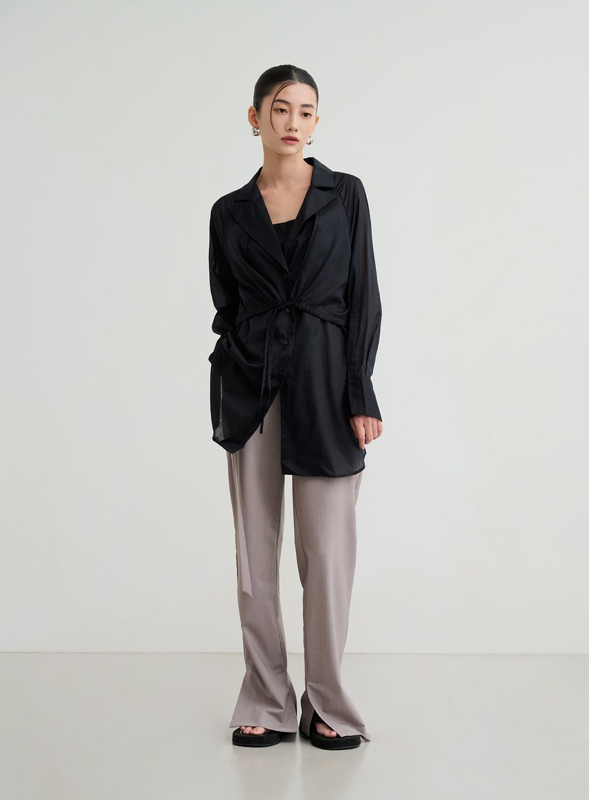 透膚抽繩襯衫式罩衫