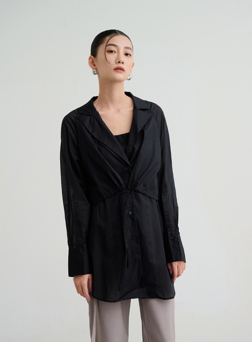 透膚抽繩襯衫式罩衫
