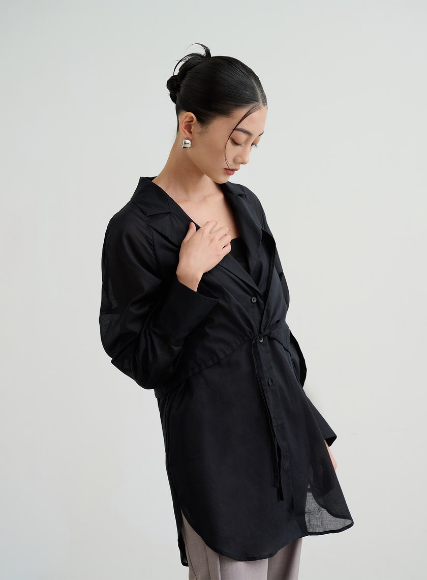 透膚抽繩襯衫式罩衫