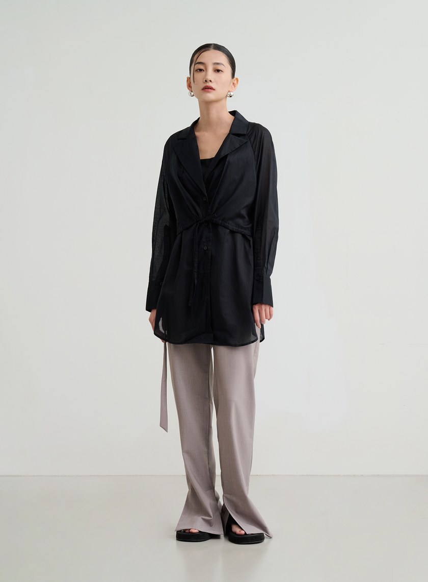 透膚抽繩襯衫式罩衫