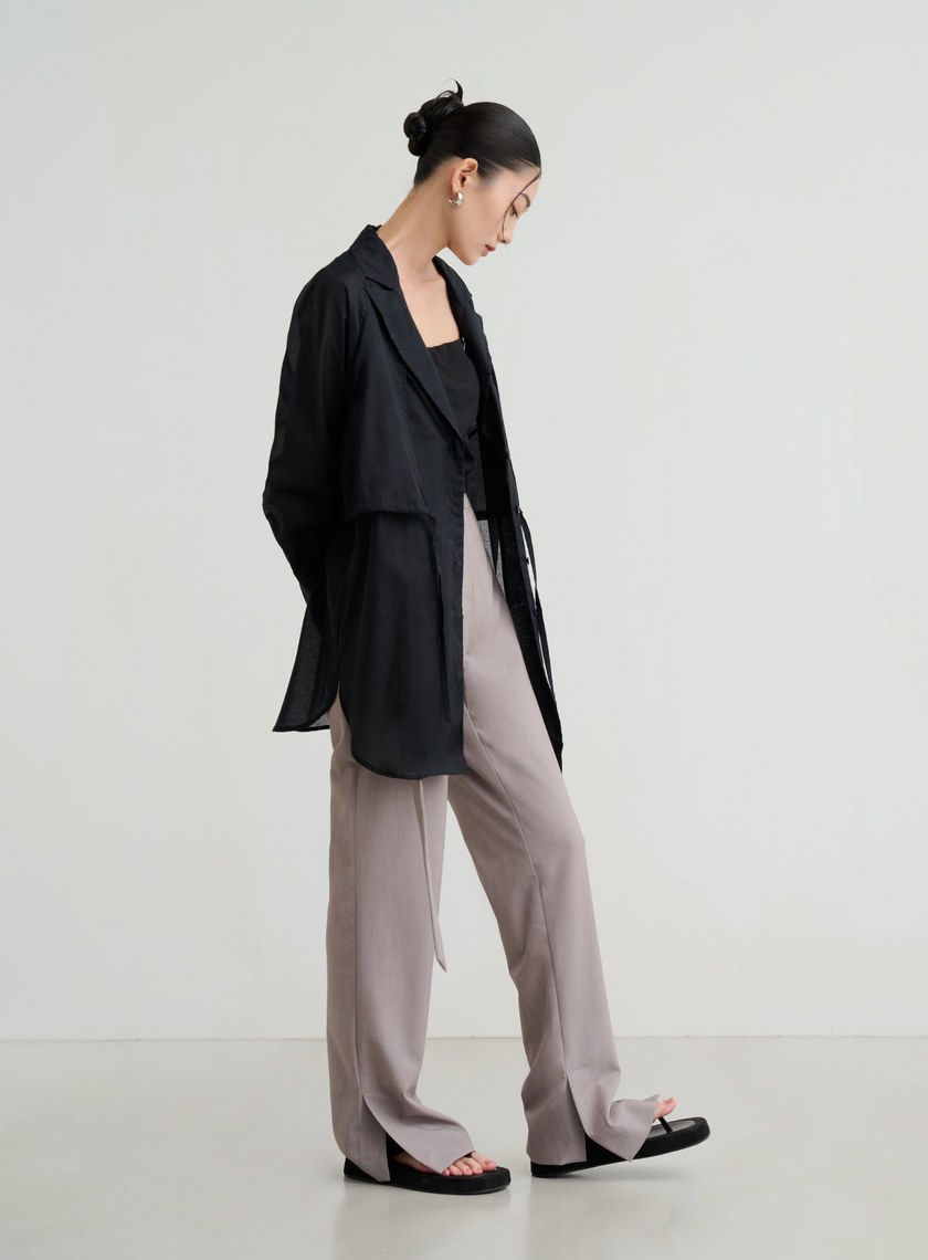 透膚抽繩襯衫式罩衫