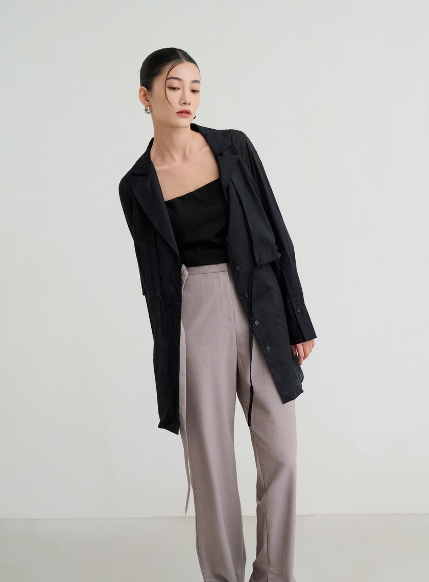 透膚抽繩襯衫式罩衫