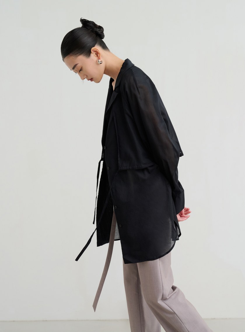 透膚抽繩襯衫式罩衫