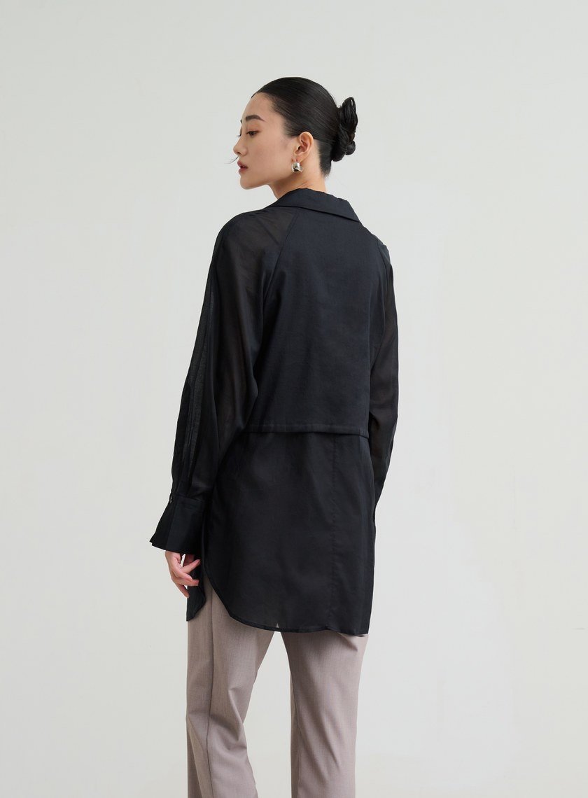 透膚抽繩襯衫式罩衫