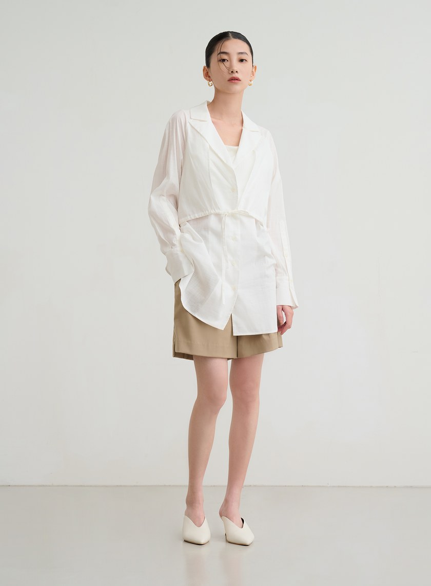 透膚抽繩襯衫式罩衫