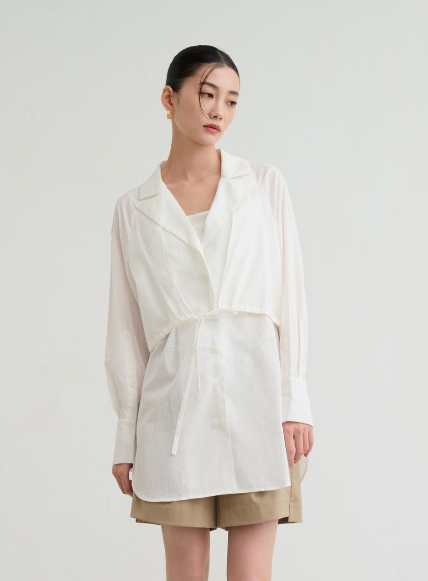 透膚抽繩襯衫式罩衫
