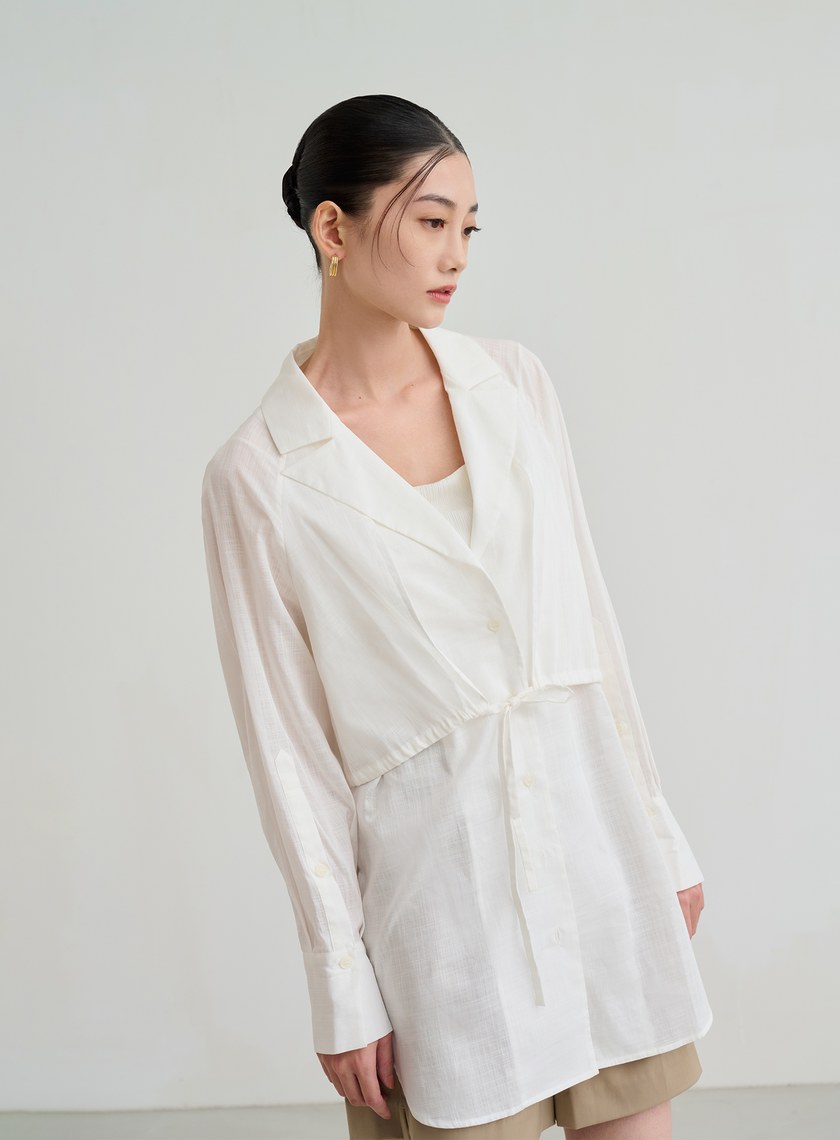 透膚抽繩襯衫式罩衫