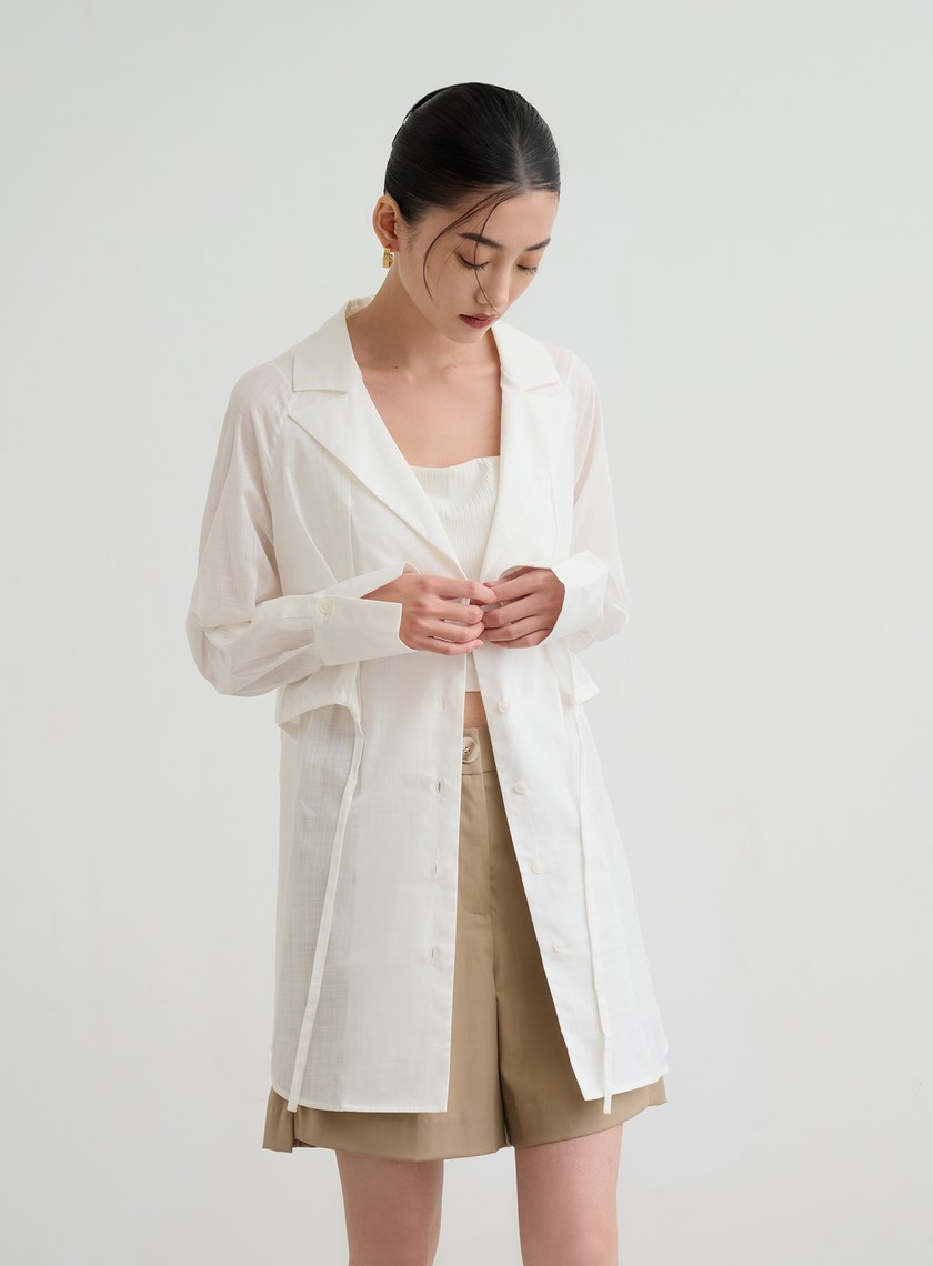 透膚抽繩襯衫式罩衫