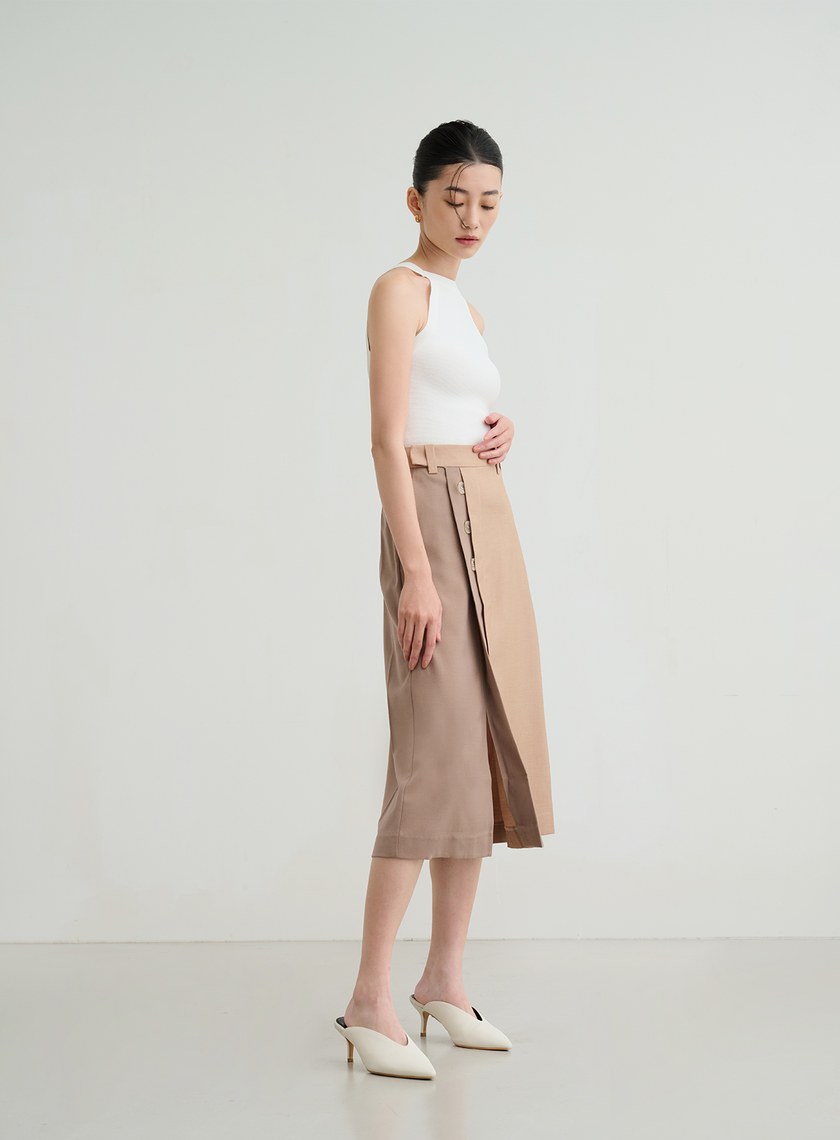 拼色排釦A字長裙