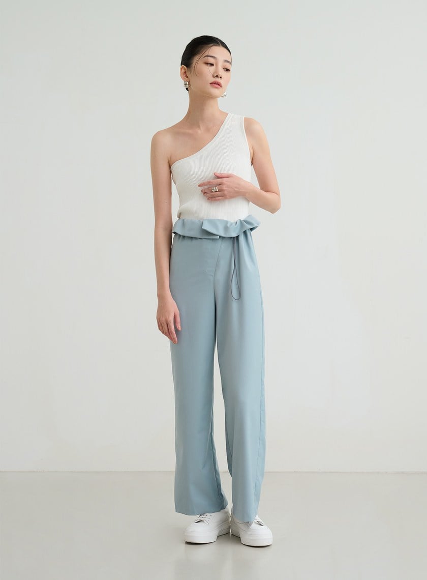 不對稱收腰直筒寬褲
