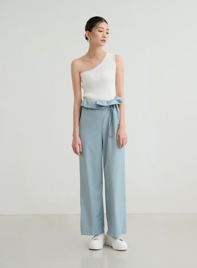 不對稱收腰直筒寬褲