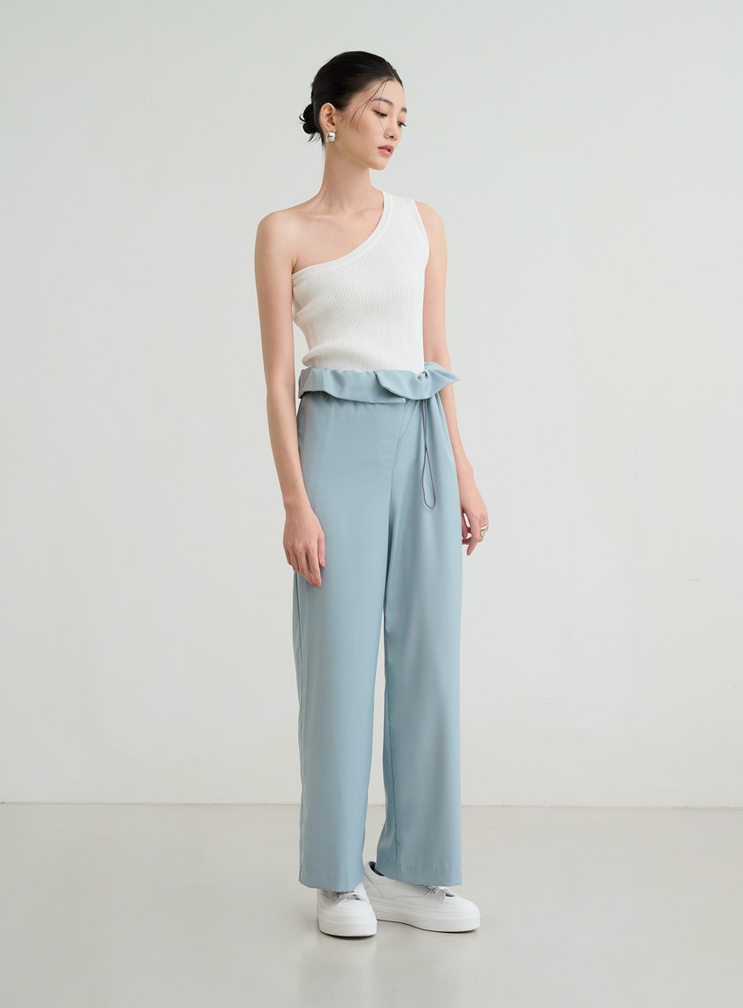 不對稱收腰直筒寬褲