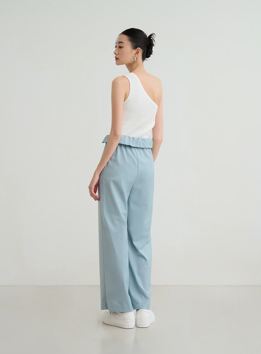 不對稱收腰直筒寬褲