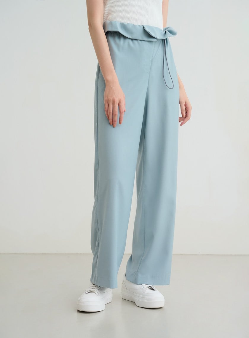 不對稱收腰直筒寬褲