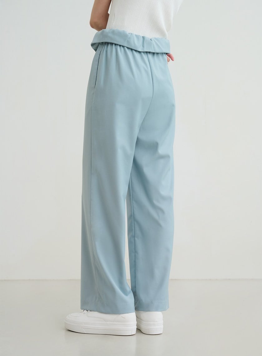 不對稱收腰直筒寬褲