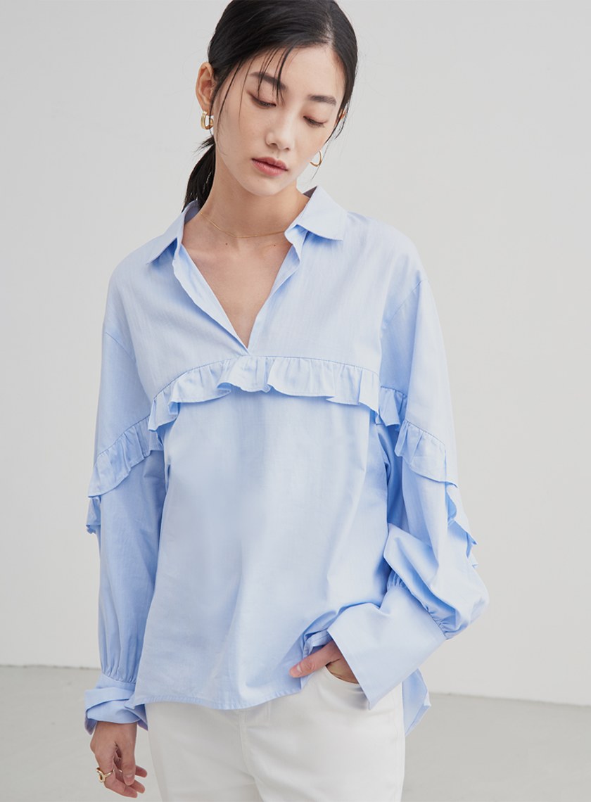 荷葉邊落肩長袖襯衫