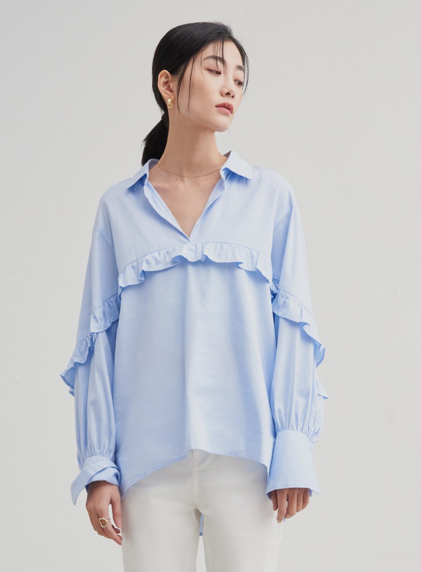 荷葉邊落肩長袖襯衫