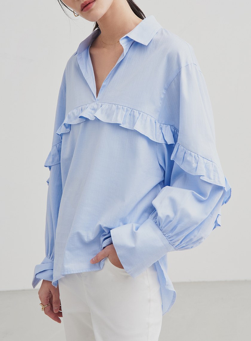 荷葉邊落肩長袖襯衫