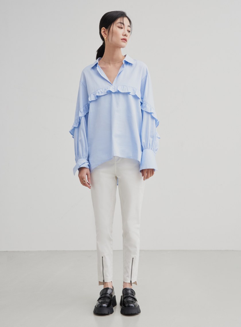 荷葉邊落肩長袖襯衫