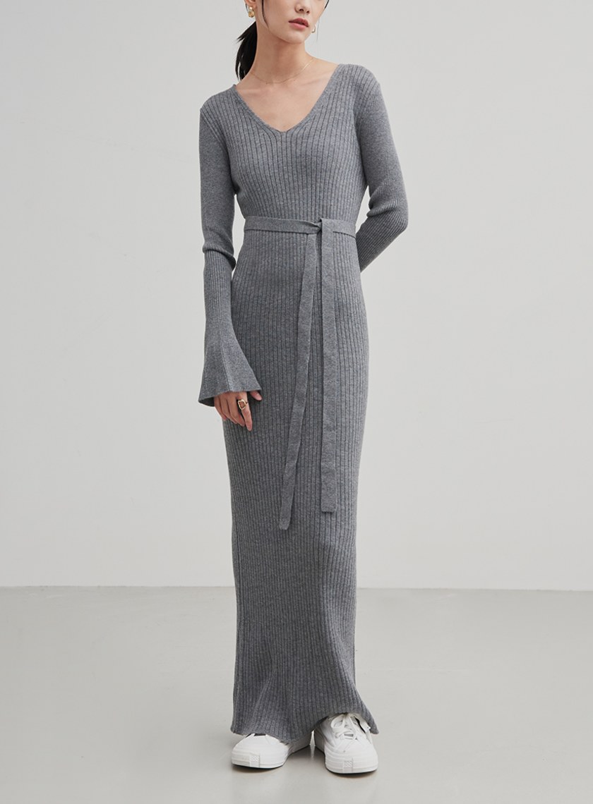 V領和身綁帶針織洋裝