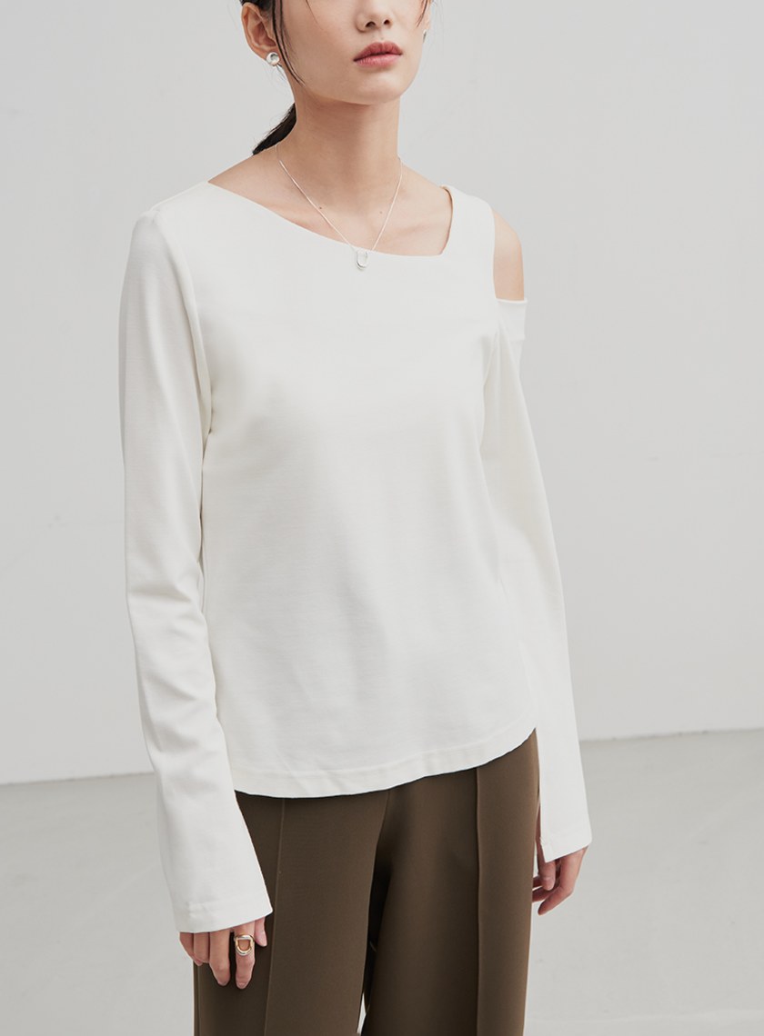 不對稱領開衩長袖上衣
