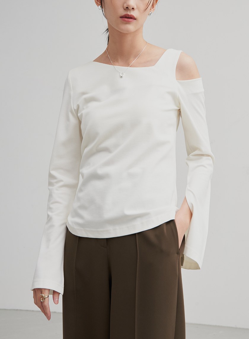 不對稱領開衩長袖上衣