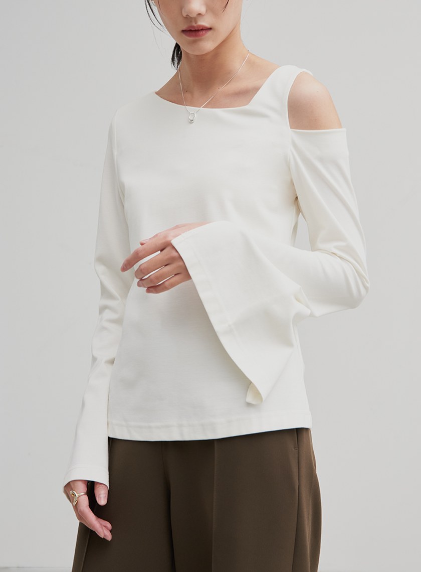 不對稱領開衩長袖上衣