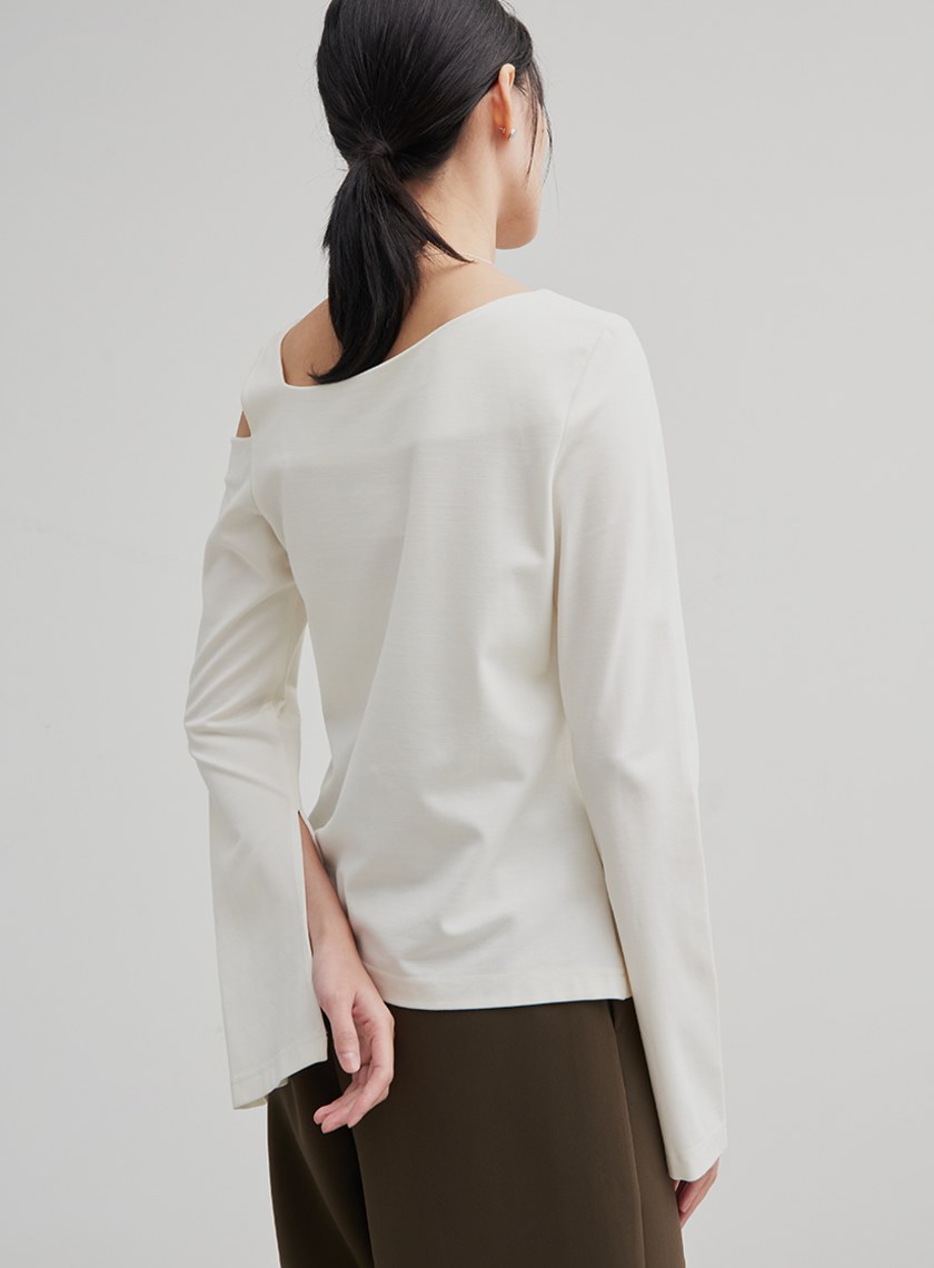 不對稱領開衩長袖上衣