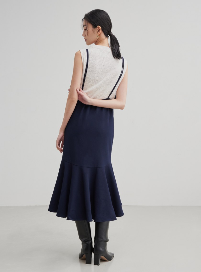 V領肩帶不對稱魚尾洋裝