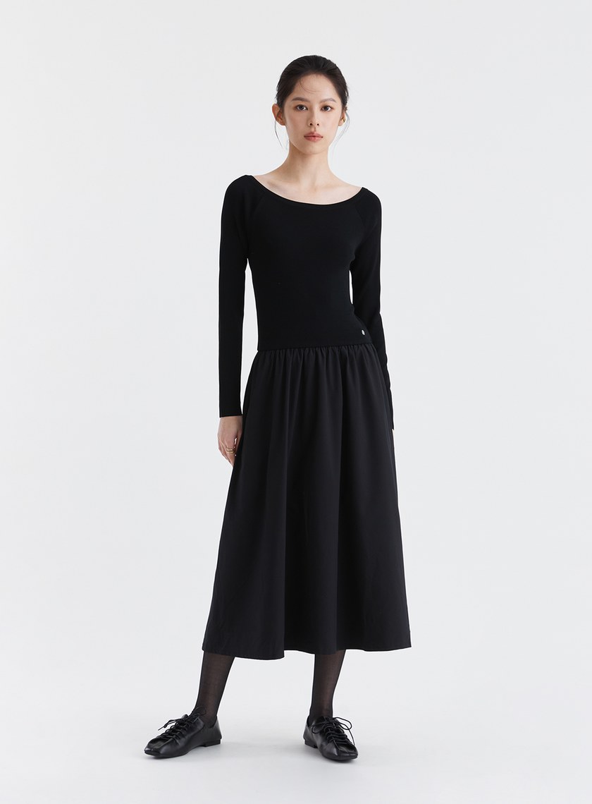 船領細羅紋抽皺長洋裝