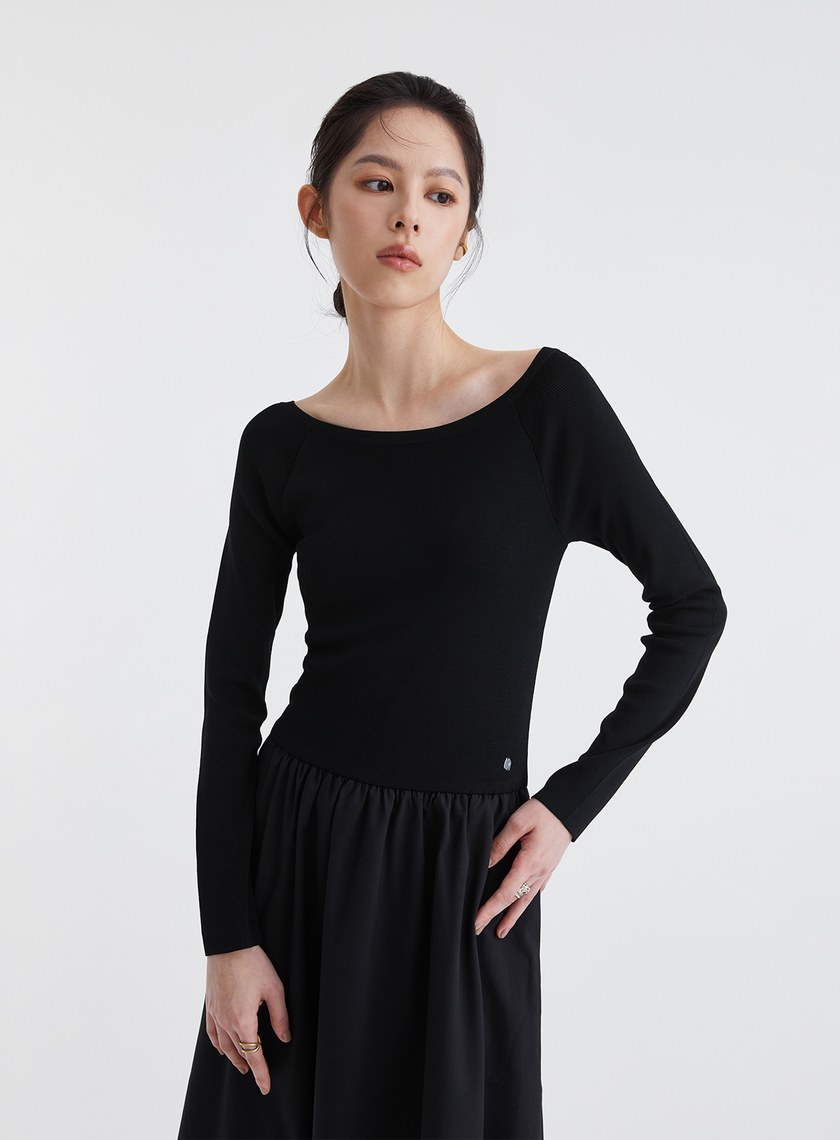 船領細羅紋抽皺長洋裝